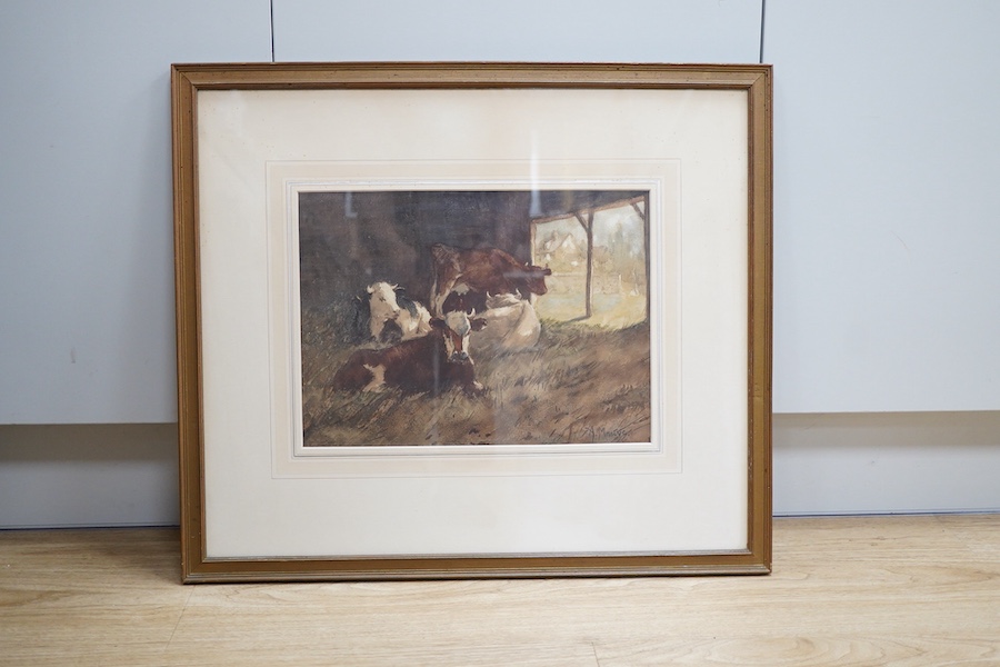 Anton Mauve (Dutch, 1838-1888), Study of resting cattle in a barn, signed, Fine Art Society inscribed label verso, watercolour, 25 x 35cm